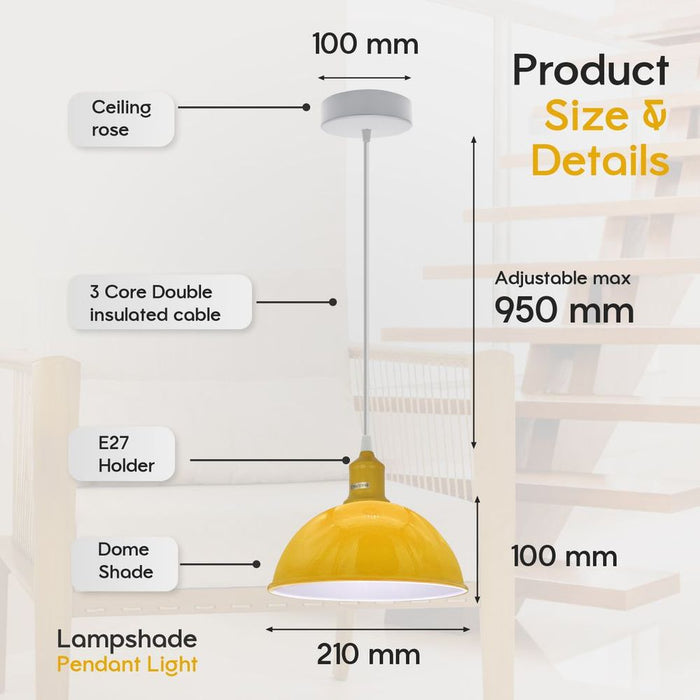 2Pack Yellow Dome Pendant Lights | Sturdy Metal | 21cm | White Inner | Spray Painted Finish