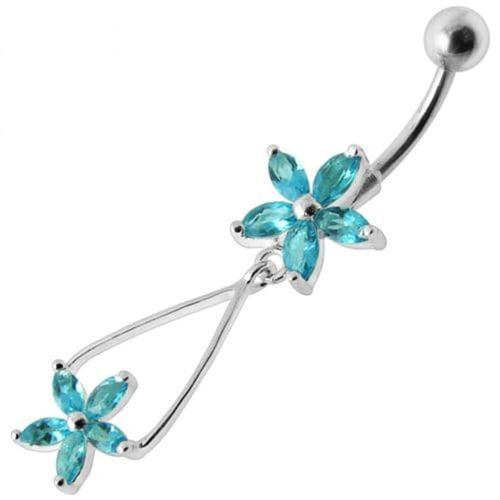 Fancy Jeweled Two Flower Silver Dangling SS Bar Navel Ring