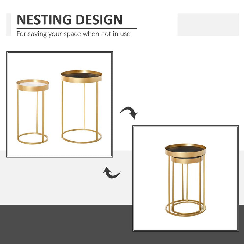 HOMCOM Coffee Tables Set of 2, Round Nest of Tables with Tray Top and Steel Frame for Living Room, Bedroom, Gold Tone