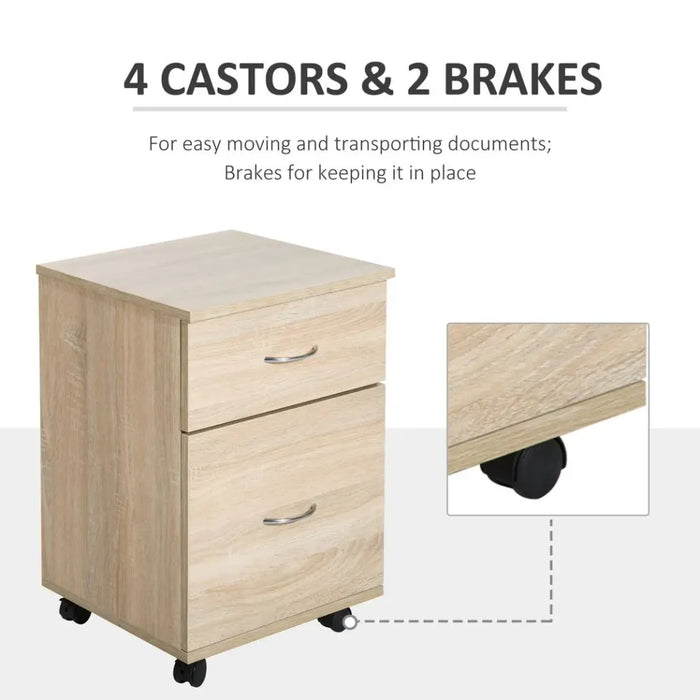 Premium Oak Mobile File Cabinet w/ 2 Drawers - Stylish & Spacious for Office - Durable Wood Side Table Pedestal - Easy Mobility