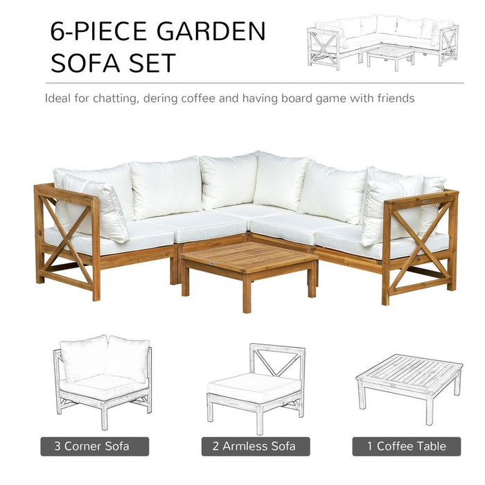 Outsunny Elegant Wood Frame Outdoor Patio Dining Set - 6 PCS, Cushions, Coffee Table