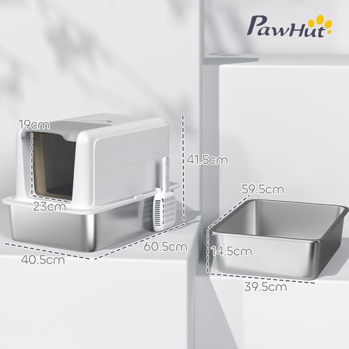 PawHut Stainless Steel Cat Litter Box with Removable Lid & Scoop, White