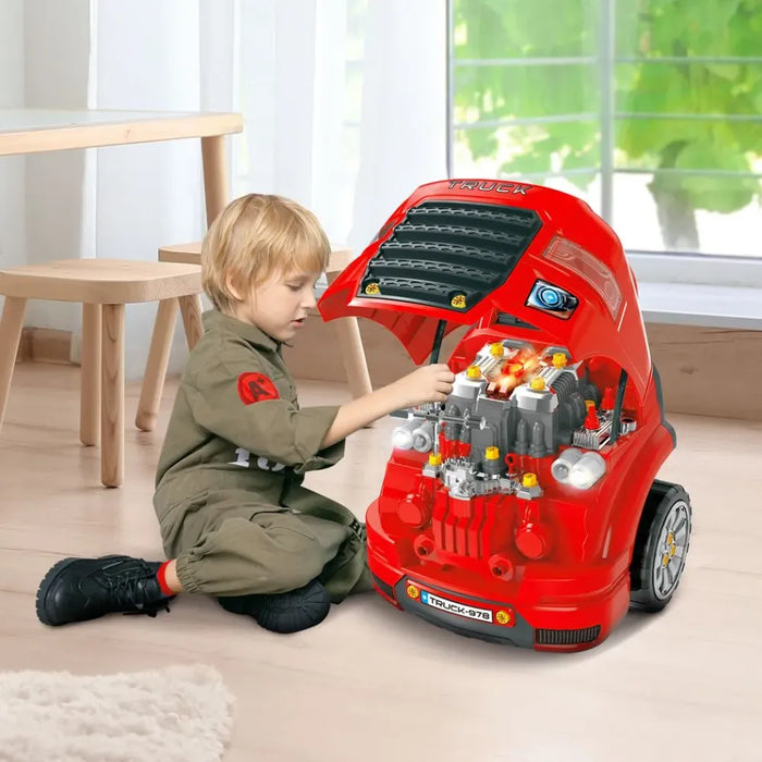 Kids Truck Engine Toy Set - Lights, Horn, Car Key | 3-5 Years | Red