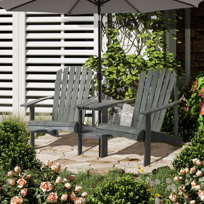 Wooden Double Adirondack Chairs Loveseat & Center Table & Umbrella Hole, Grey