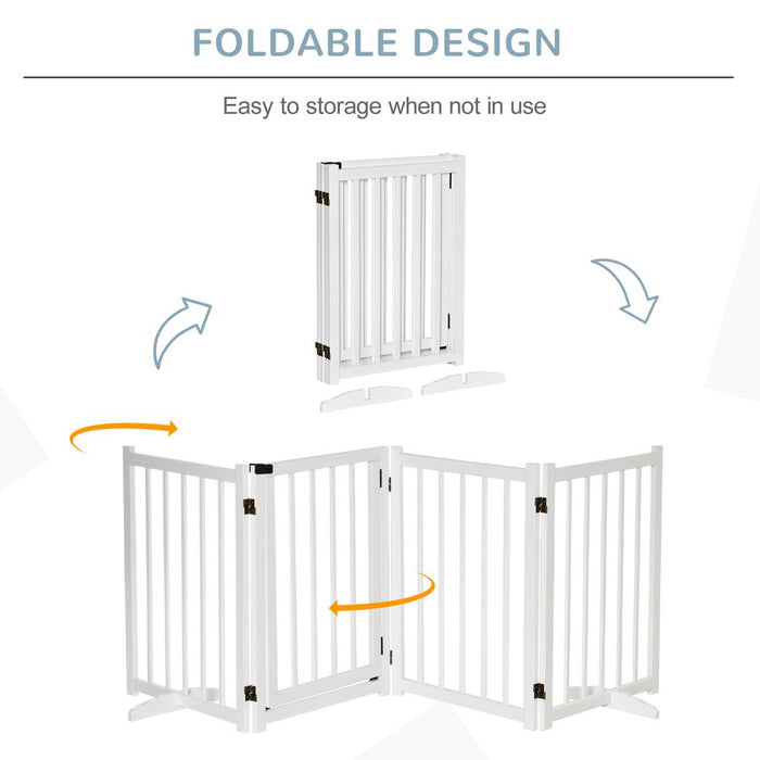 PawHut Freestanding Pet Gate for Small and Medium Dogs, Wooden Foldable Dog Safety Barrier with 4 Panels, 2 Support Feet, 80 cm Tall for Doorways, Stairs White