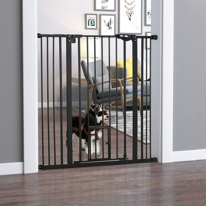 PawHut Extra Tall Dog Gate with Cat Door - Auto Close, Stairs, 74-101 cm Wide