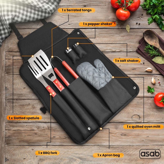 High-Quality 7pc BBQ Tools Set - Apron, Tongs, Spatula, Fork - Durable Stainless Steel - Professional Chef's Choice!