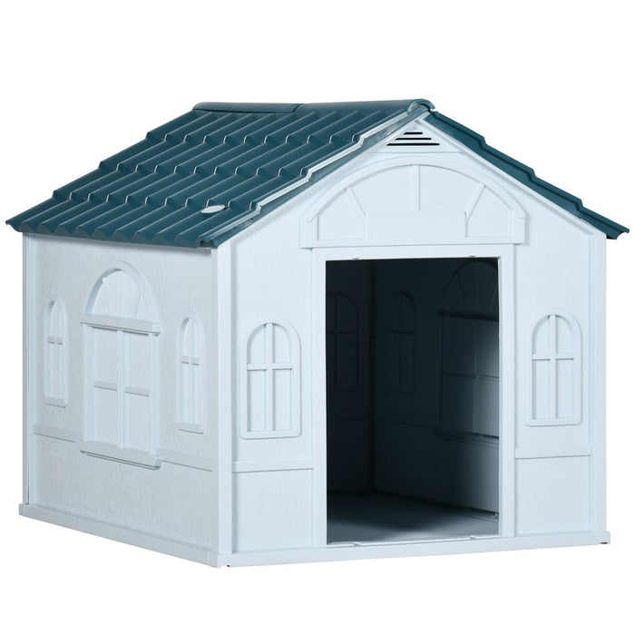 PawHut Weather-Resistant Dog House - Blue. Keep Your Medium Dog Safe & Cozy. Shielding from Rain & UV Rays. Easy Assembly. Optimal Airflow.