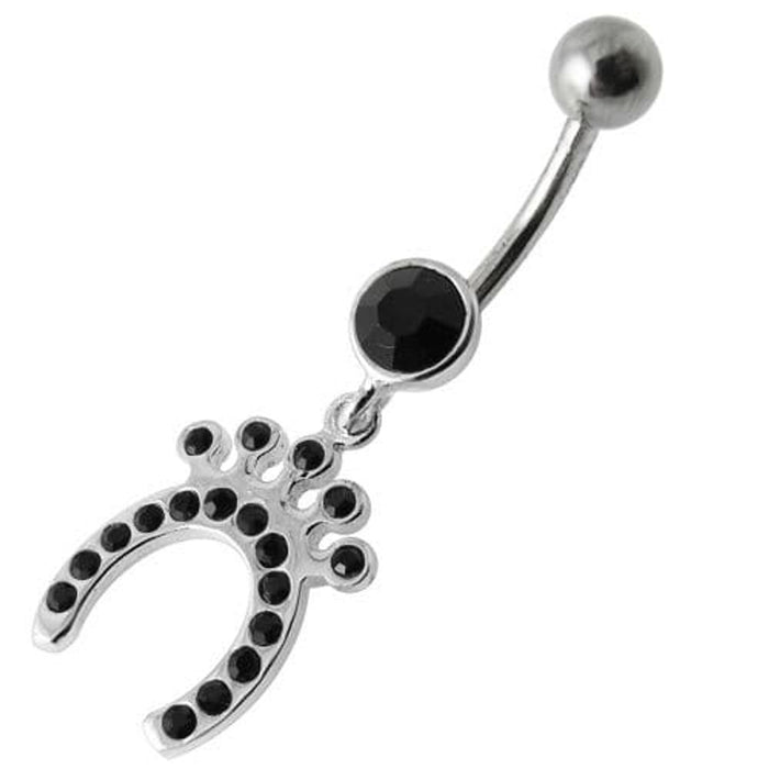 Silver Horseshoe Jeweled Dangling SS Bar Belly Ring