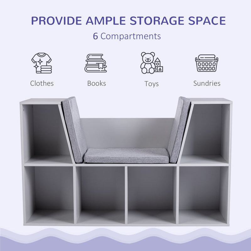 HOMCOM Kids Bookcase Shelf Storage Cabinet Unit, Living Room Sideboard w/Six Compartments for Toys, Books - Grey