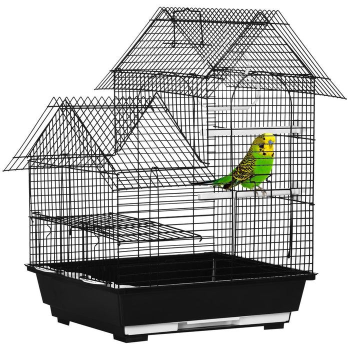 Premium Metal Bird Cage - Plastic Perch, Food Container, Swing Ring, Handle - Black