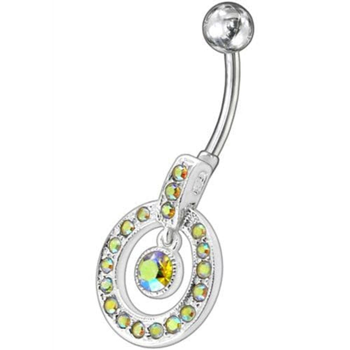 Fancy Multi Colored Round Shape Jeweled Dangling Banana Bar Belly Ring