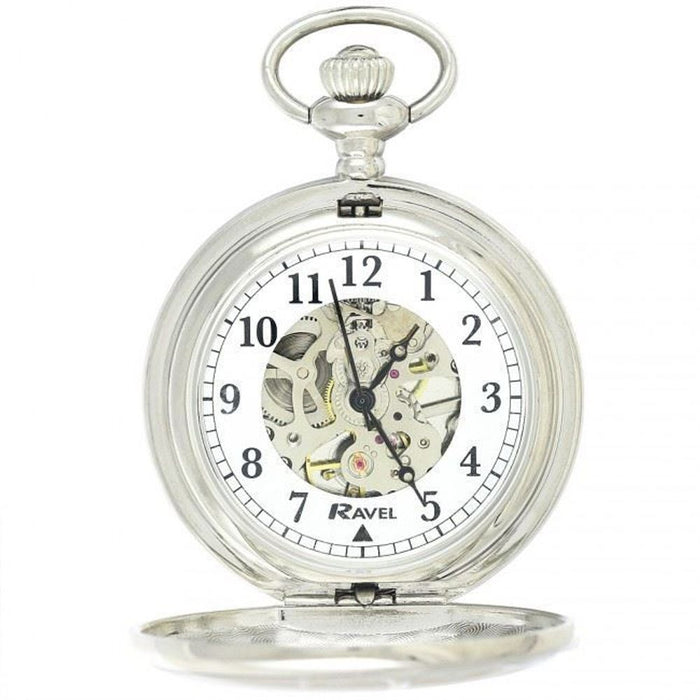 Ravel Silver Mechanical Pocket Watch - High Quality & Stylish Design - Perfect for Men & Women - Clear Window - Hand Wound