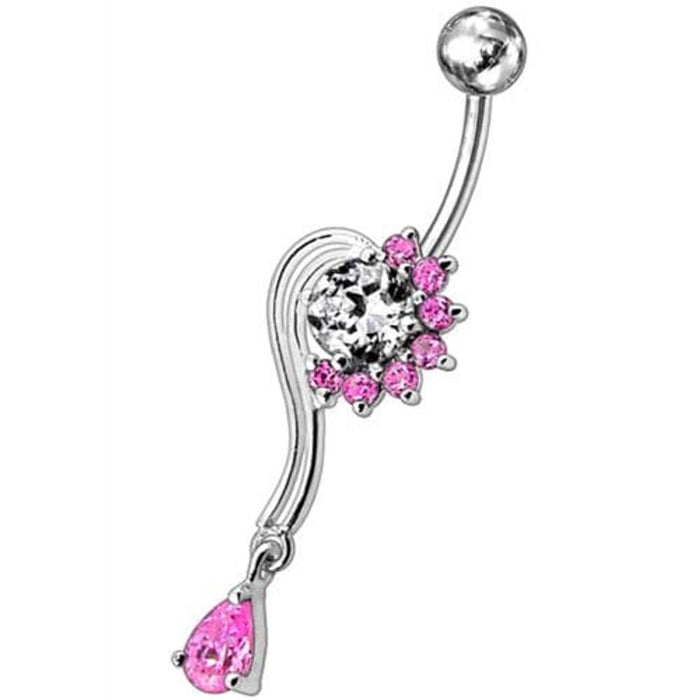 Fancy Flower With Teardrop Jeweled Dangling Navel Body Ring