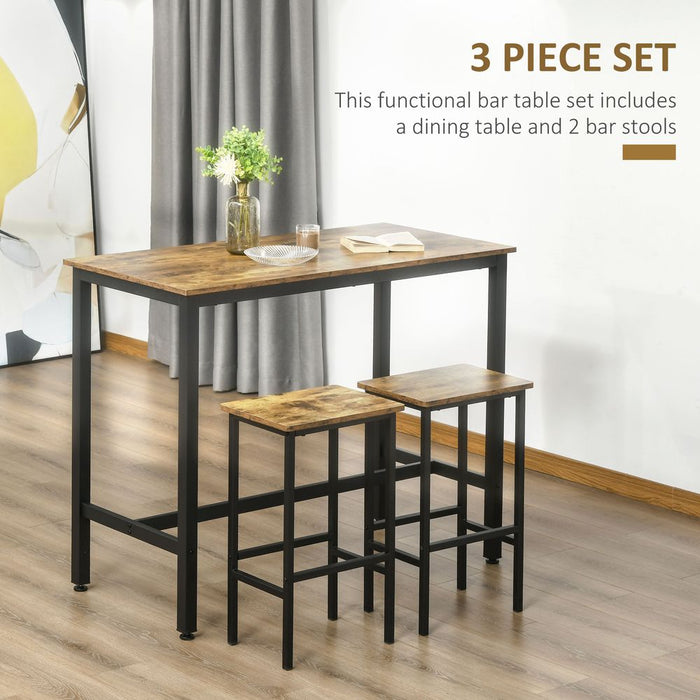 Modern Industrial Bar Table Set, 2 Stools, Counter Height, Rustic Brown