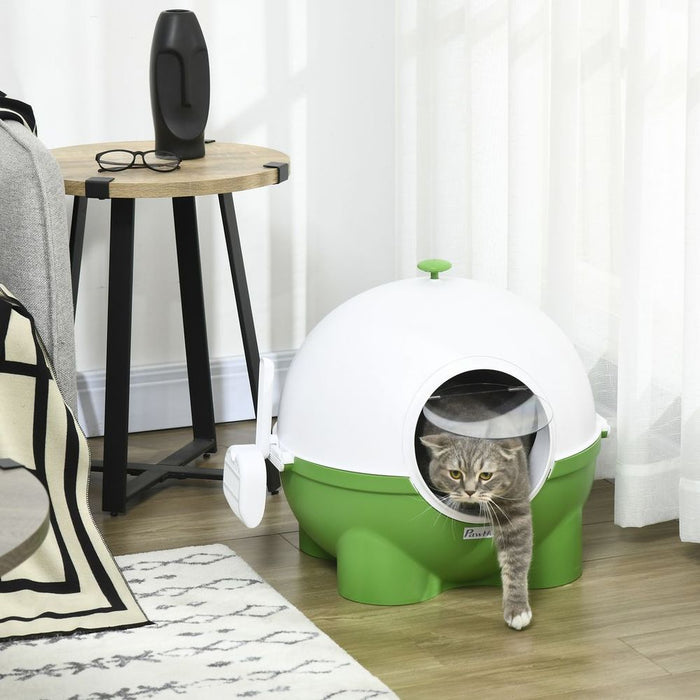 Hooded Cat Litter Tray w/ Scoop - Large Box, 53x51x48cm - Green. Suitable for Cats up to 4kg. Professional Seller!