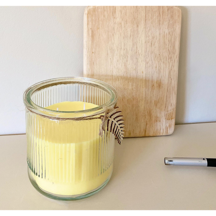 Premium Citronella Glass Candle - Uplift Your Space with Freshness - Ribbed Glass - Double Wick - Wooden Leaf Decoration! Now at Sale!