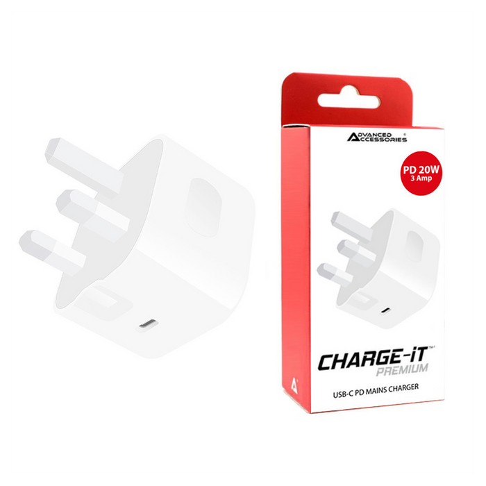 AA CHARGE-iT USB-C PD Mains Charger 20W - White | Fast Charging for iPhone, Samsung, Google Pixel