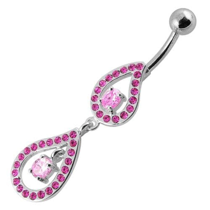 Fancy Pear Shape Jeweled Dangling SS Bar Navel Ring