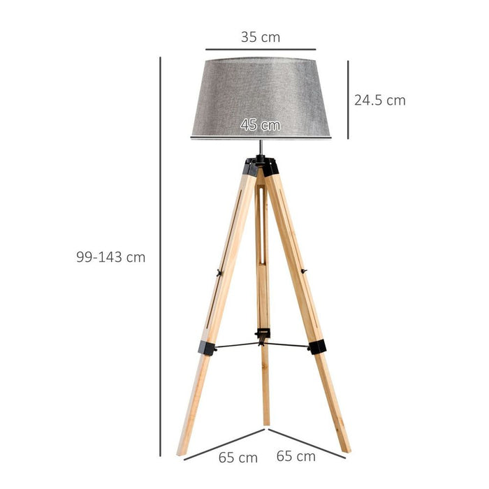 Tripod Floor Lamp w/ Linen Shade Pinewood Legs Adjustable Height Grey