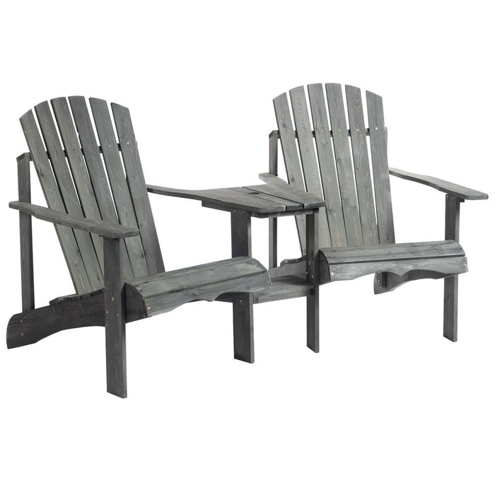 Wooden Double Adirondack Chairs Loveseat & Center Table & Umbrella Hole, Grey