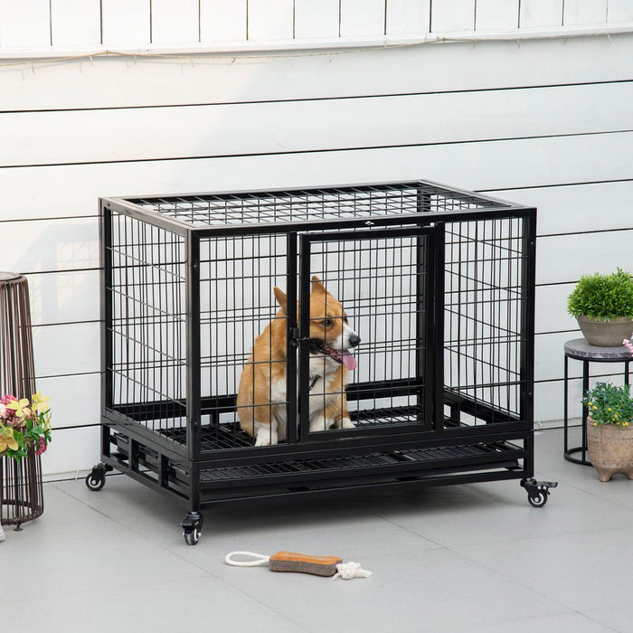 Dog Cage Pet Metal Heavy Duty with Wheels and Crate Tray for Kennel Black M L