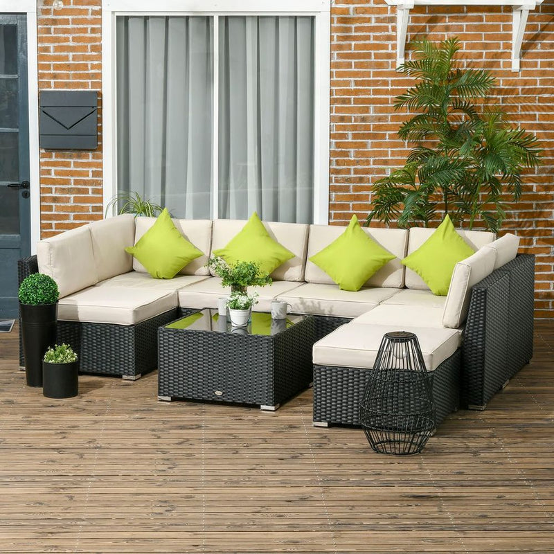 Outsunny 8pc Patio Rattan Sofa Set - Garden Furniture for Outdoor Space - Black