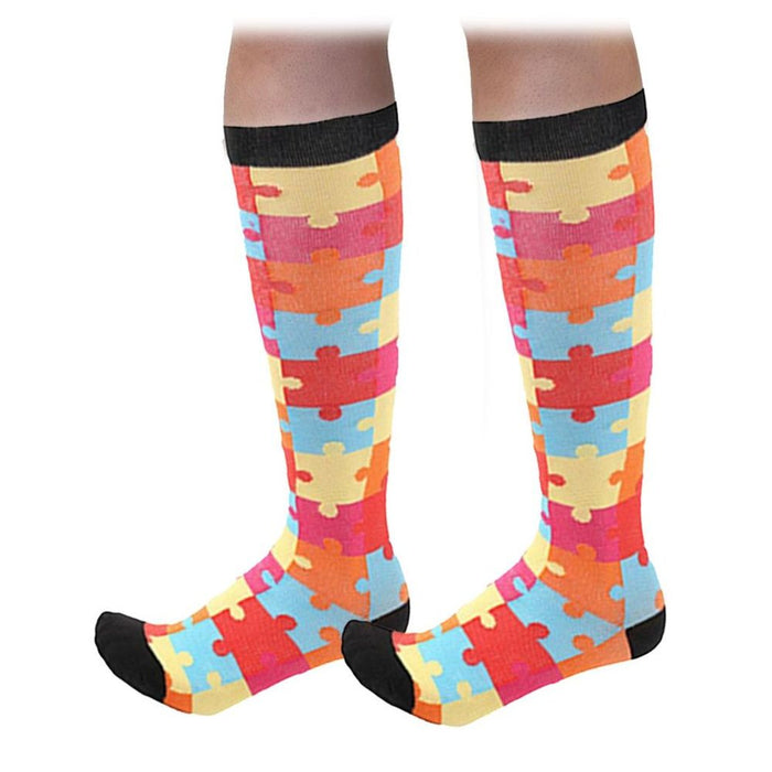 Flo Fashion Bright Pattern Knee-High Compression Sock, Puzzle, L/XL