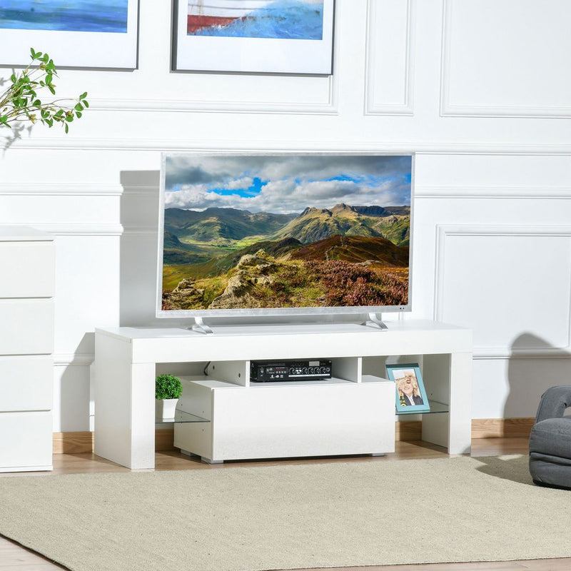 HOMCOM High Gloss TV Stand Cabinet with LED RGB Lights and Remote Control for 43"/50"/55" TV, Media TV Console Table with Storage Compartment, White
