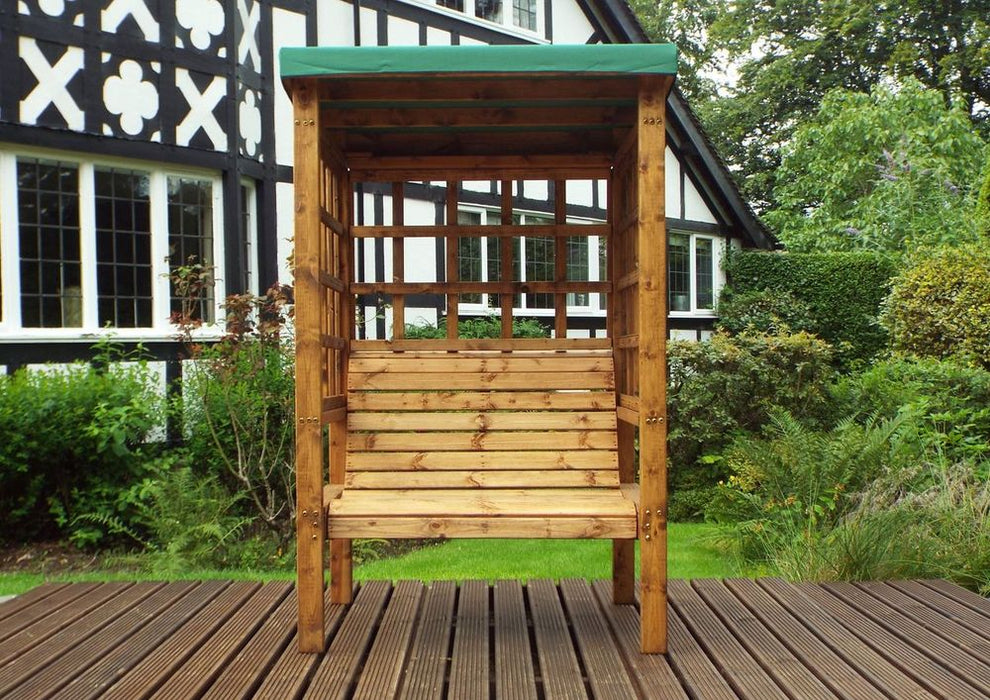 Bramham Two Seat Arbour Green - Handcrafted British Arbour with Waterproof Cover. Rustproof & Rot Free. 10 Year Guarantee.