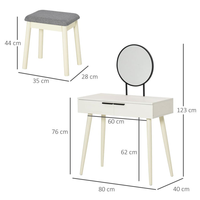 Dressing Table Vanity Set Makeup Desk with Round Mirror Cushioned Stool  White