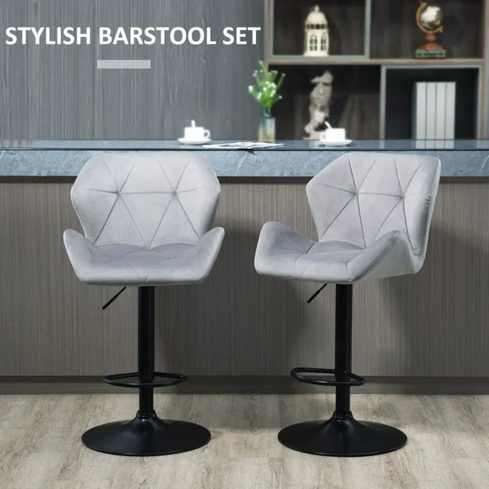 Set Of 2 Luxurious Velvet-Touch Bar Stools w/ Metal Frame Footrest Base Grey