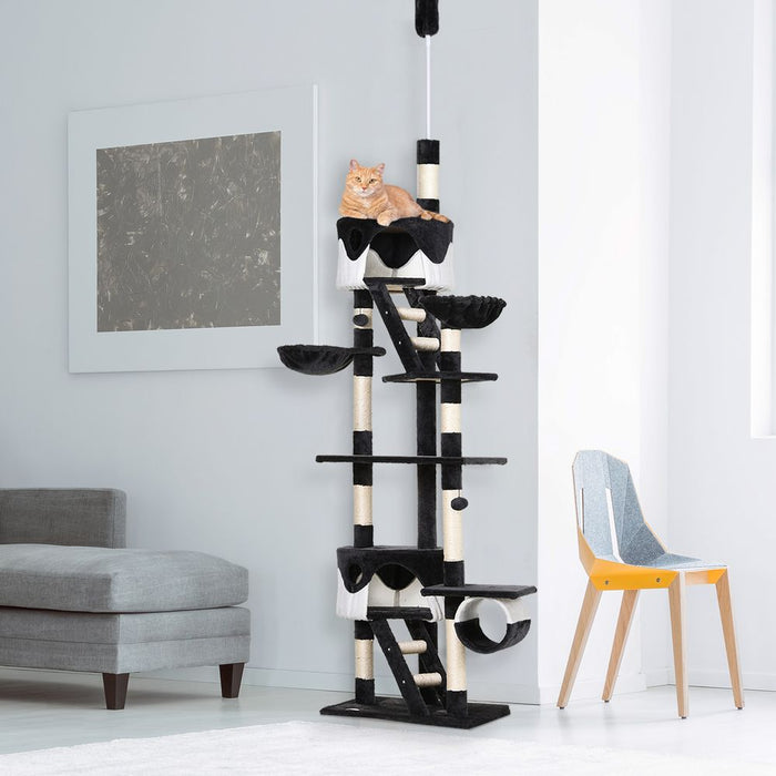 PawHut Floor to Ceiling Cat Tree, 240-260cm Adjustable Height Cat Tower with Scratching Posts, Cat Houses, Ramps, Hammocks, Toy Balls, Tunnel for Indoor Cats - Black