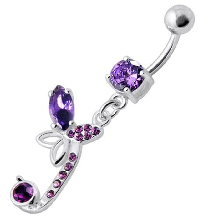 Sterling Silver Fancy Butterfly Jeweled Dangling Curved Bar Belly Ring