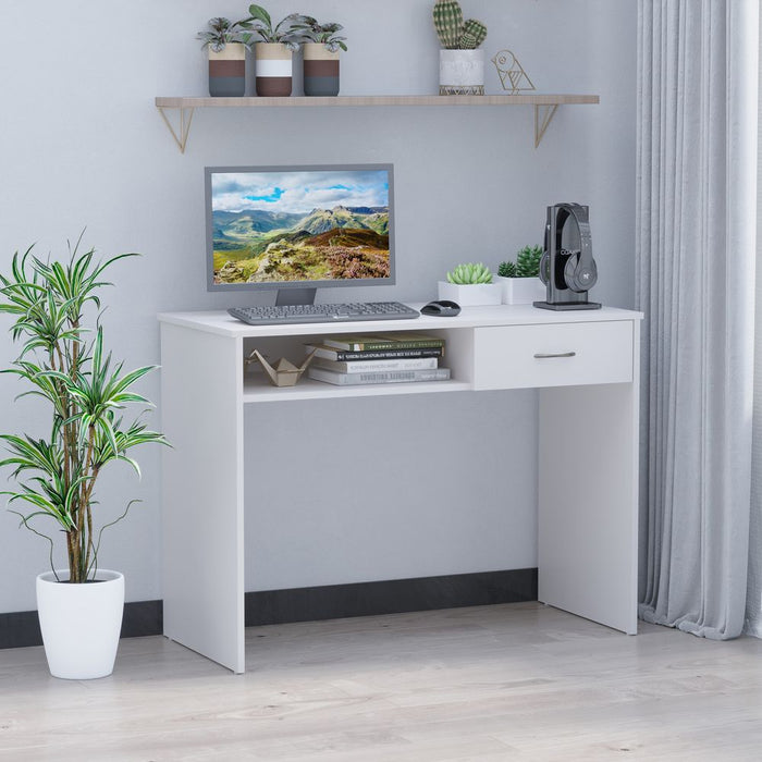 Sleek White Computer Desk w/ Shelf & Drawer - Perfect for Home or Office