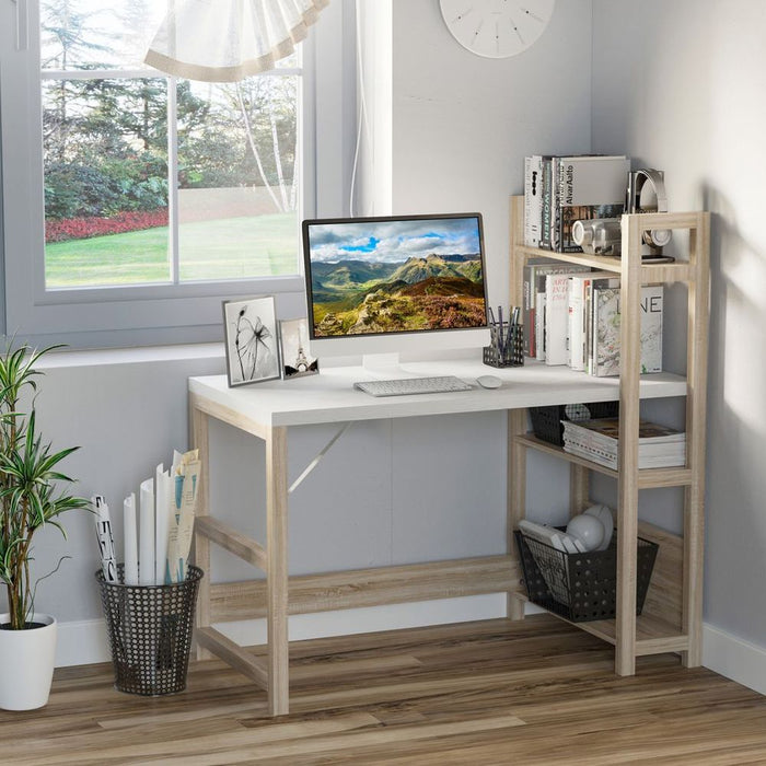 Premium Wood Grain Rectangle Desk - Book Shelf Display - Home Office Quality