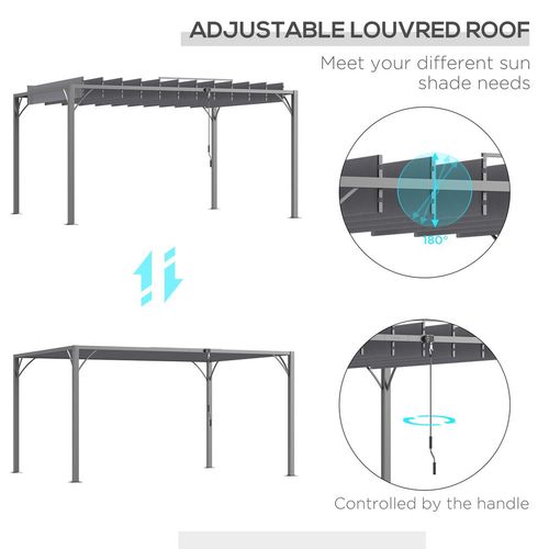Outsunny 4 x 3(m) Outdoor Louvered Metal Pergola with Retractable Roof, Grey