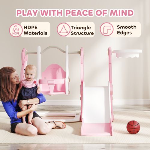 AIYAPLAY 4 in 1 Kids Slide and Swing Set with Climber, Basketball Hoop, Pink