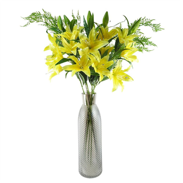 100cm Yellow Lily & Fern Glass Vase - Complete Artificial Flower Arrangement Pack