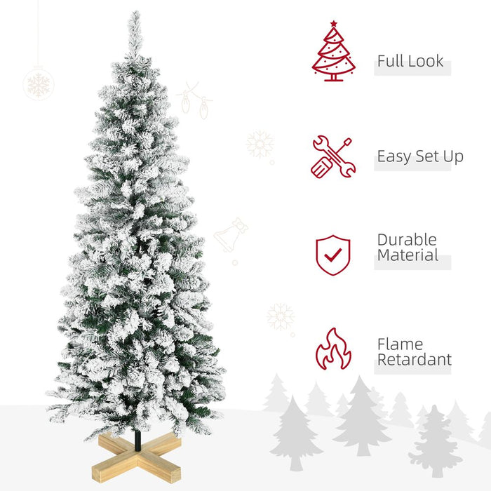 HOMCOM 5 Ft Snow Flocked Artificial Christmas Tree, Xmas Pencil Tree with Realistic Branches, Auto Open, Pinewood Base, Green