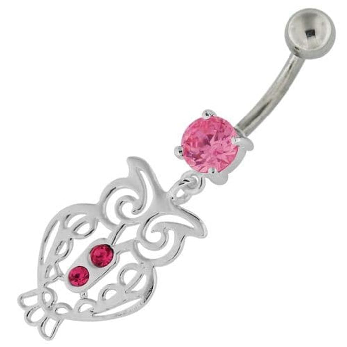 Sterling Silver Jeweled Owl Navel Belly Button Bar