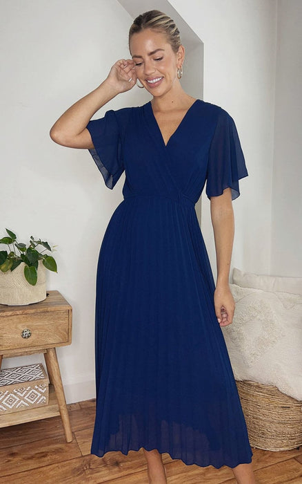 Pleated Wrap Front Maxi Dress - Elegant, Comfortable, Navy - Perfect for Special Occasions - ikrush