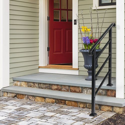 Handrails for Outdoor Steps, Wrought Iron Handrail Fits 1 or 3 Steps, Transitional Handrail with Installation Kit, Black