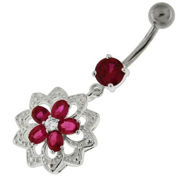 Jeweled Filigree Flower Sterling Silver Belly Button Ring