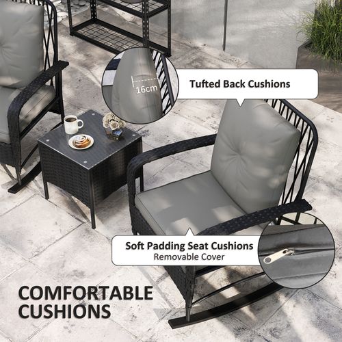 Outsunny Rattan Bistro Set Balcony Furniture with Rocking Chairs, Black