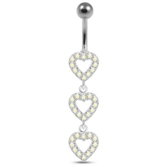 Triple Heart Dangling Fancy Multi Jeweled Curved Bar Belly Ring