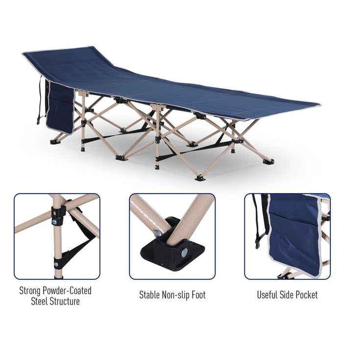 Outsunny Single Person Camping Bed Folding Cot Outdoor Patio Portable Military Sleeping Bed Travel Guest Leisure Fishing with Side Pocket and Carry Bag - Blue