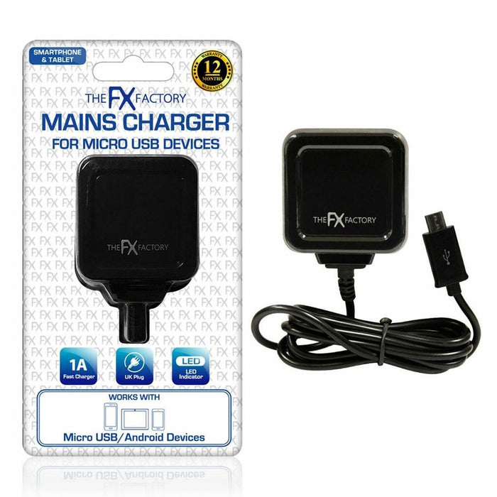 FX Factory Micro USB Fast Charger for Android - 1A Mains Charger - RoHS Certified & CE Approved