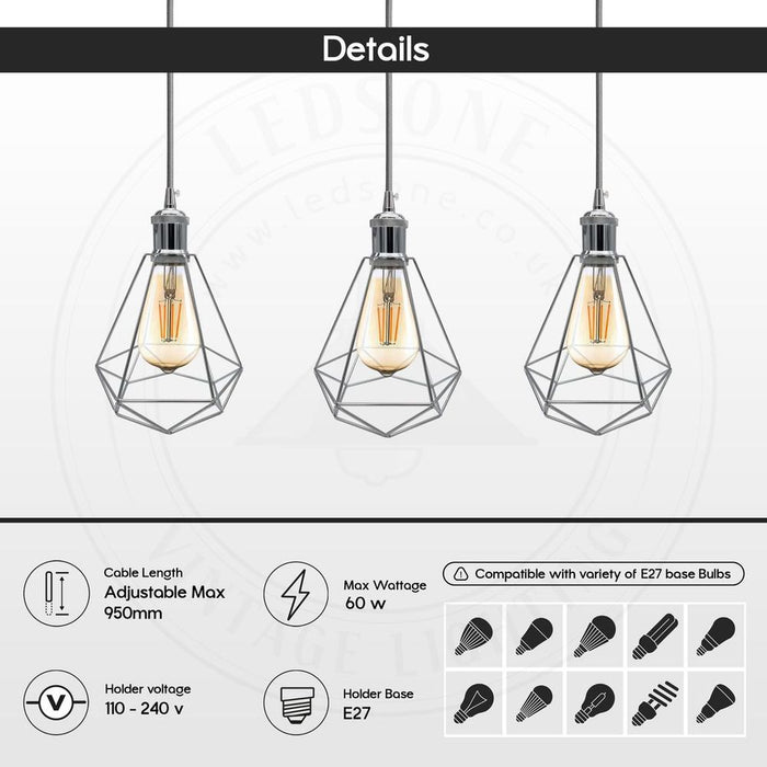 3 Head Rectangle Base Chrome Vintage Industrial E27 Ceiling Hanging Light Cage Shade