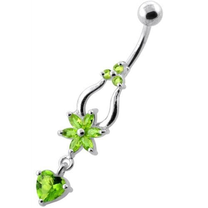 Flower with Heart Dangling Navel Belly Ring